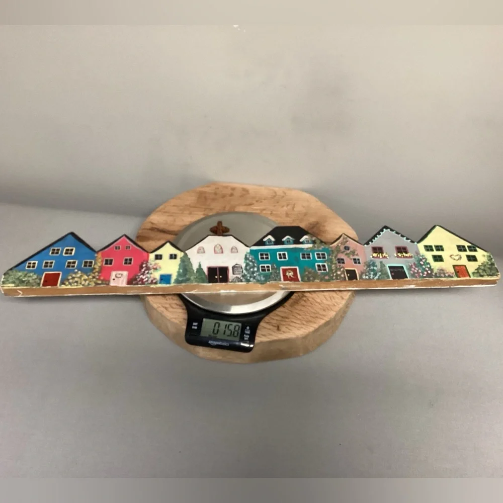 🔵 Beautiful Hand Painted Row of Homes & Church - Solid Wood - Very Unique Decor - Picture 14 of 15